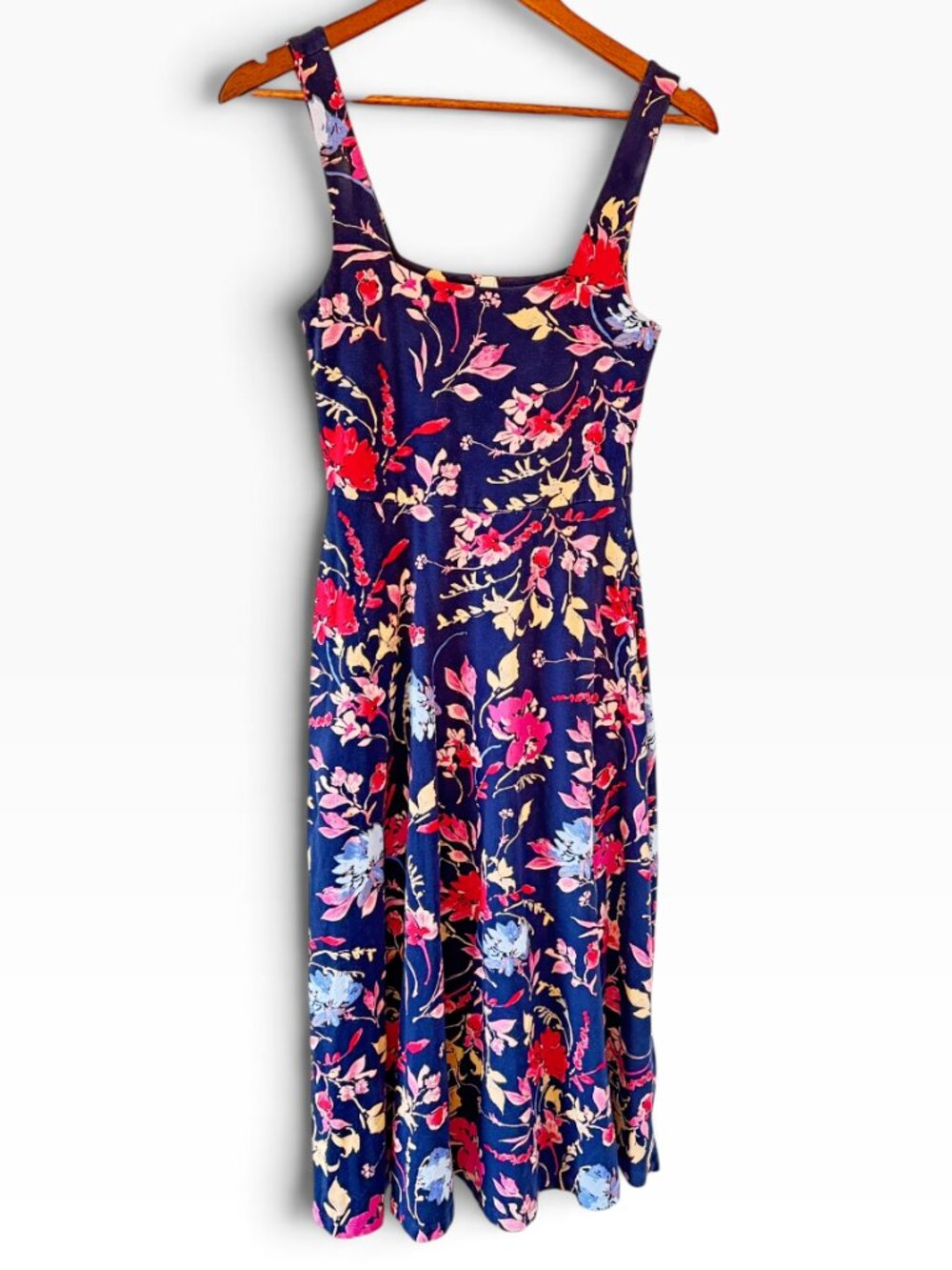 Pact Organic Cotton Fit-and-Flare Square Neck Midi Dress Pockets Navy Floral  S